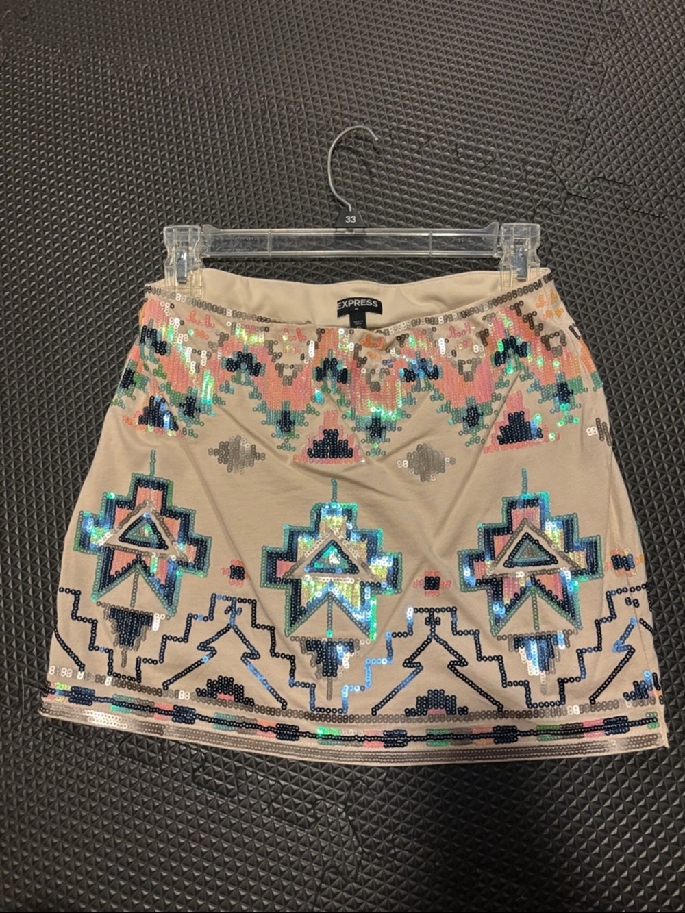 Express Beige Mini Skirt with Multicolor Sequin Geometric Embellishment